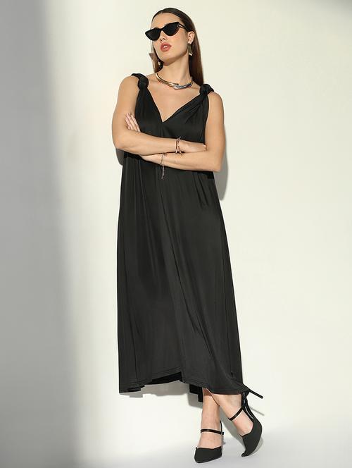 women black solid v neck a-line dress - 21682081 - Very Small Image - 1