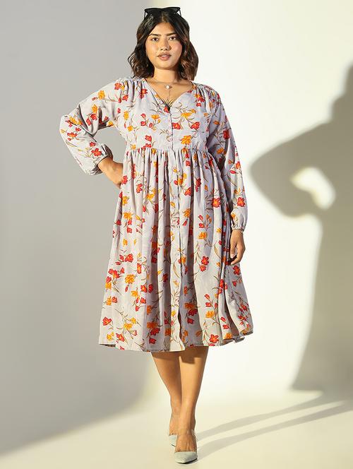 women grey floral fit & flare puff sleeve dress - 21682103 - Very Small Image - 1