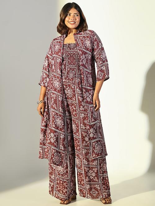 women burgundy printed full leg jumpsuit with shrug - 21682131 - Very Small Image - 1