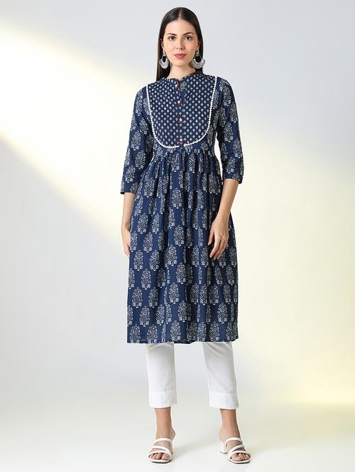 women blue printed three quarter sleeve flared kurta - 21682133 - Very Small Image - 1