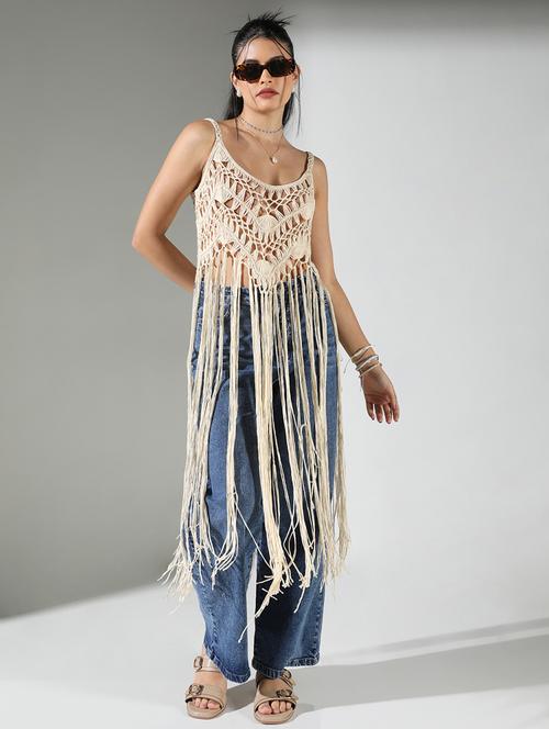 women solid crochet work long fringes top - 21682260 - Very Small Image - 1