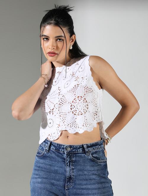 women crochet work round neck crop top - 21682268 - Very Small Image - 1