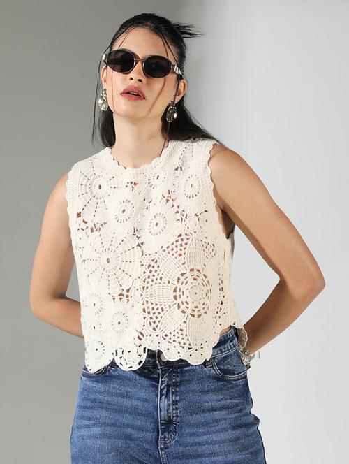 women crochet work round neck crop top - 21682269 - Very Small Image - 1
