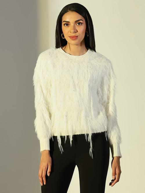 women solid fuzzy detailed long sleeve pullover - 21682279 - Very Small Image - 1