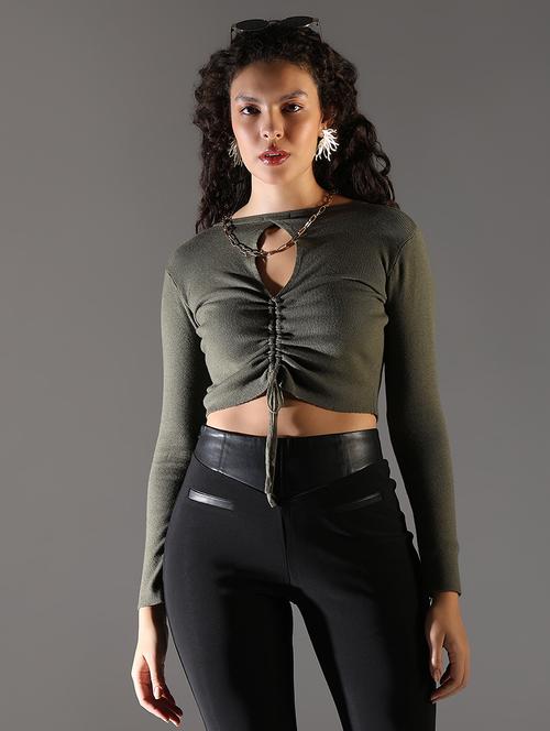 women solid long sleeve crop top - 21682297 - Very Small Image - 1