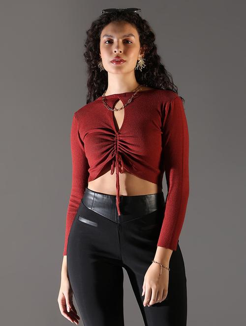 women solid long sleeve crop top - 21682298 - Very Small Image - 1