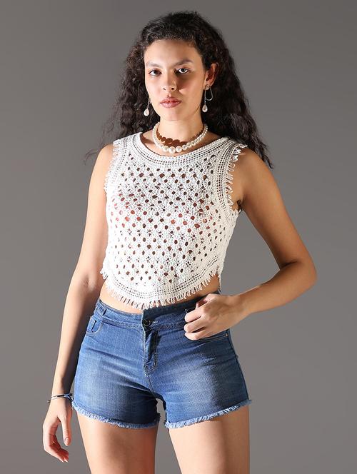 women white solid crochet work crop top - 21682305 - Very Small Image - 1