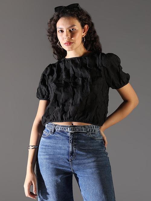 women solid puff sleeve crop top - 21682309 - Very Small Image - 1