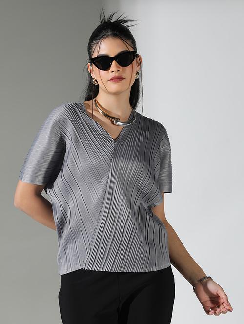women grey solid short sleeve top - 21682319 - Very Small Image - 1