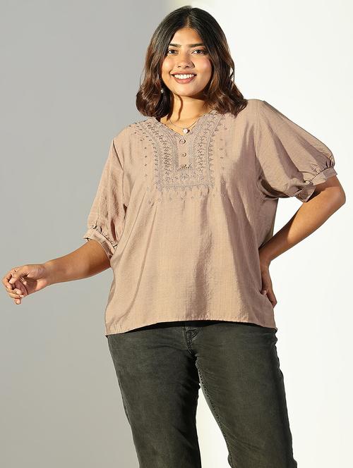 women brown embroidered puff sleeve top - 21682322 - Very Small Image - 1