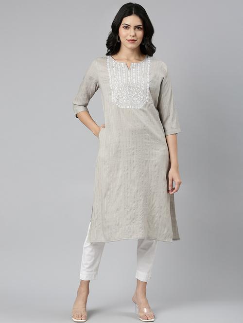 women notch neck embroidered straight kurta - 21682684 - Very Small Image - 1