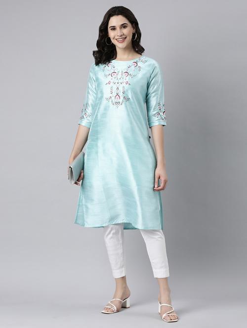 women round neck embroidered straight kurta - 21682704 - Very Small Image - 1