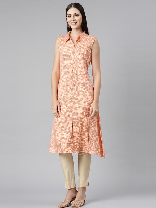 women orange printed side slit kurta - 21682712 - Very Small Image - 1