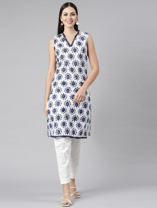 women v-neck printed straight kurta - 21682714 - Very Small Image - 1