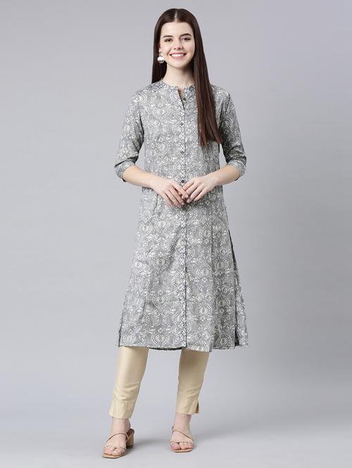 women mandarin neck printed side slit kurta - 21682719 - Very Small Image - 1