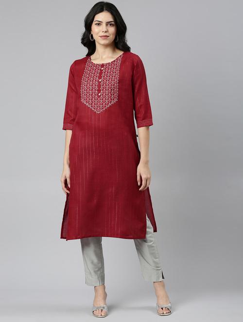 women round neck embroidered straight kurta - 21682742 - Very Small Image - 1