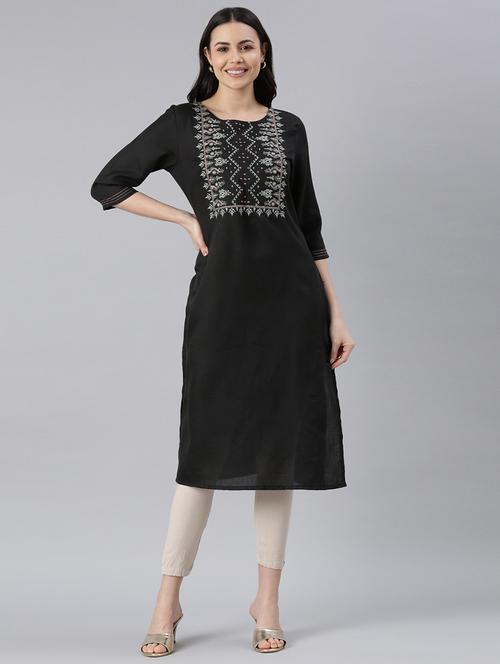 women round neck embroidered straight kurta - 21682763 - Very Small Image - 1