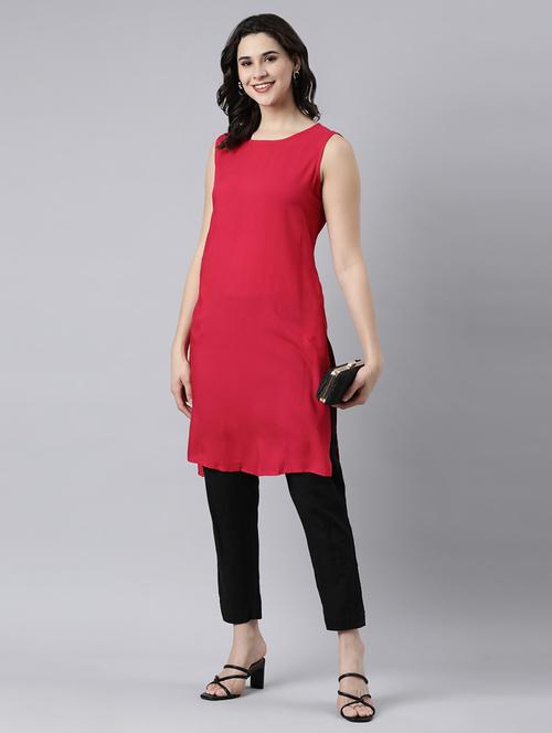 women red solid round neck straight kurta - 21682777 - Very Small Image - 1