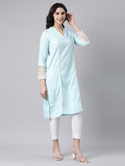 women solid three quarter sleeve straight kurta - 21682779 - Very Small Image - 1