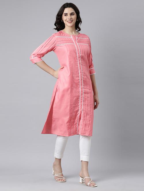 women solid three quarter sleeve straight kurta - 21682780 - Very Small Image - 1