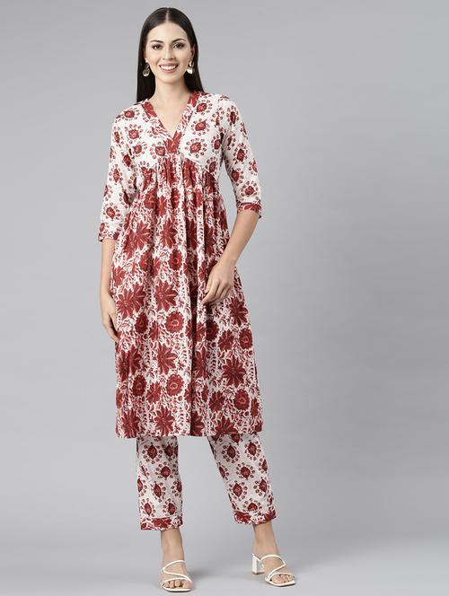 women printed v neck kurta pant set - 21682802 - Very Small Image - 1