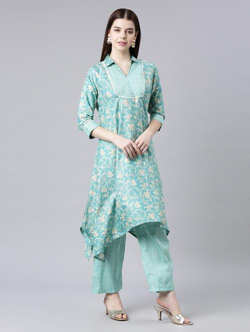 women floral printed shirt collar neck kurta pant set - 21682810 - Very Small Image - 1