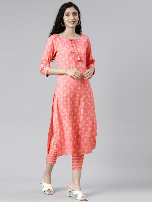 women printed tie-up neck kurta pant set - 21682836 - Very Small Image - 1