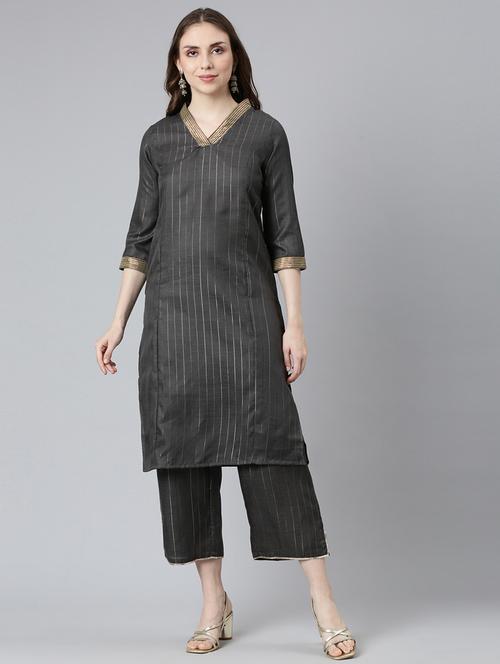 women self design v neck kurta pant set - 21682838 - Very Small Image - 1