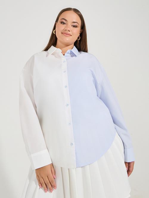 women plus size color blocked collared long sleeves shirt - 21683333 - Very Small Image - 1