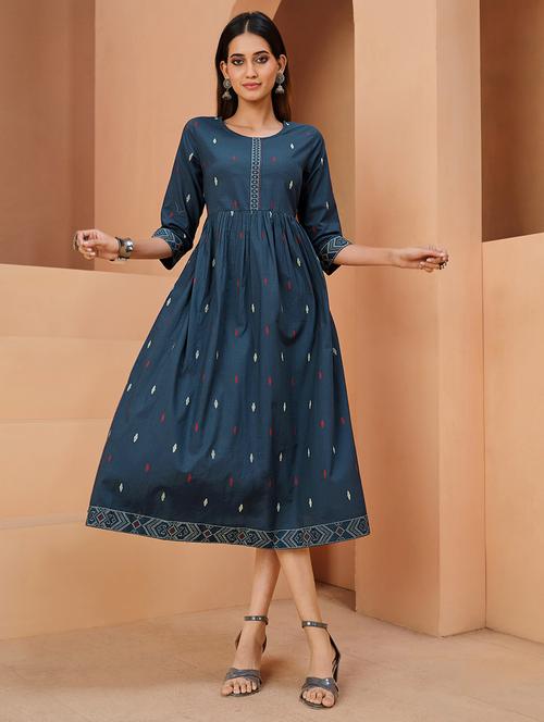 women teal three quarter sleeve a-line ethnic dress - 21683594 - Very Small Image - 1