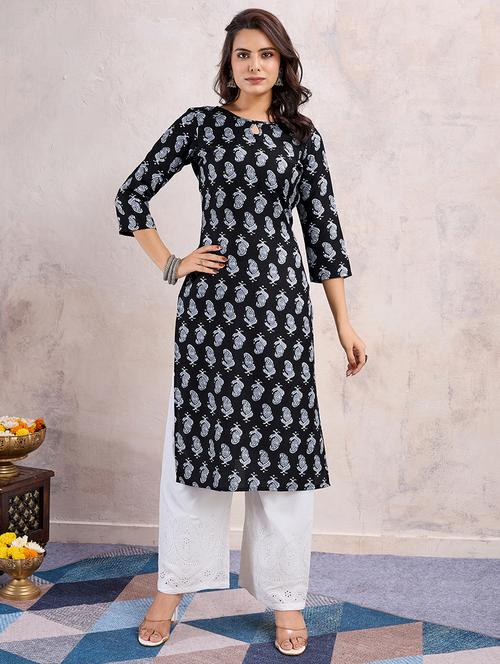 women black paisley key hole neck straight kurta - 21683654 - Very Small Image - 1