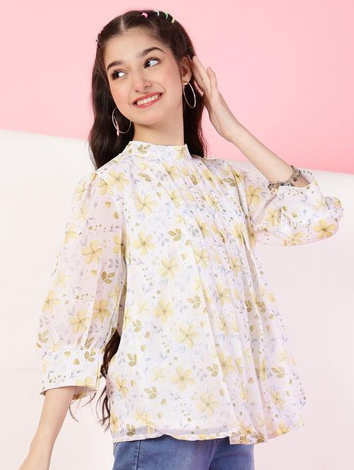 girls floral print puff sleeves a-line top   - 21683771 - Very Small Image - 1