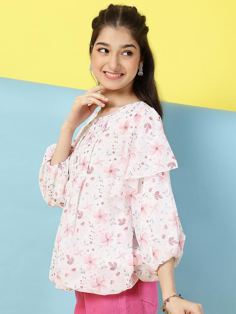 girl floral print ruffled sleeves blouson top - 21683779 - Zoom Image - 1
