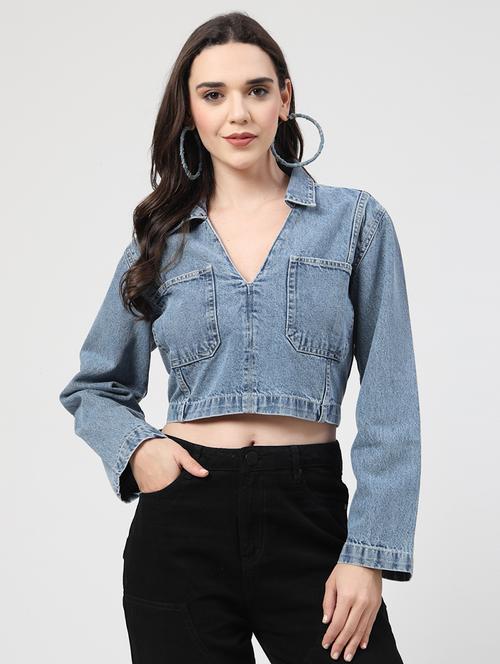 women solid collared crop denim top - 21684113 - Very Small Image - 1