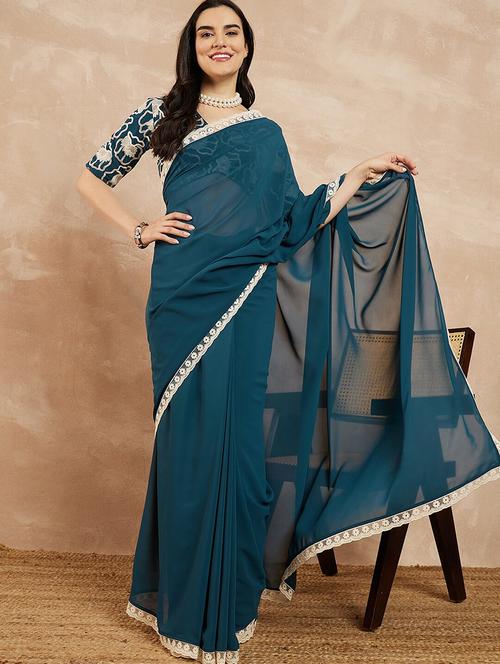 women teal bordered saree with blouse - 21685506 - Very Small Image - 1