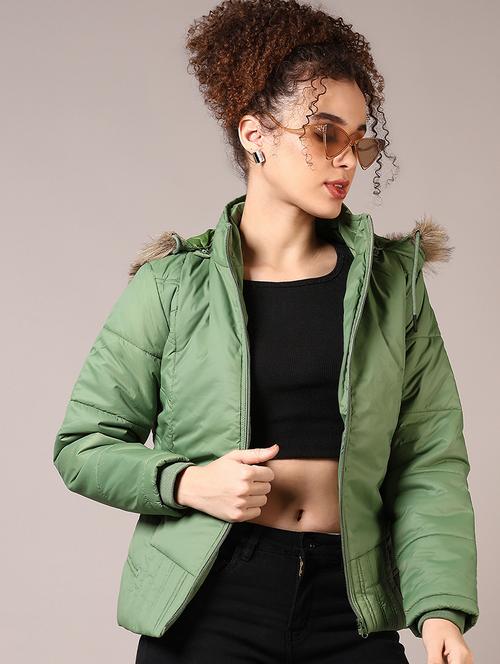 women olive long sleeve hooded puffer jacket - 21685695 - Very Small Image - 1