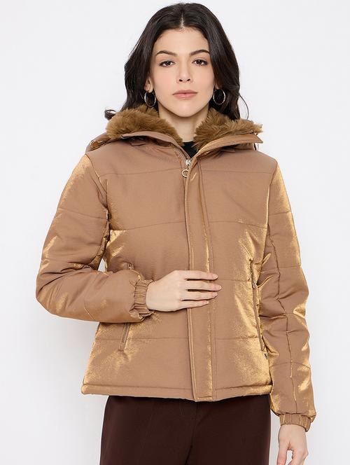 women solid fur detailed hooded puffer jacket - 21686057 - Very Small Image - 1