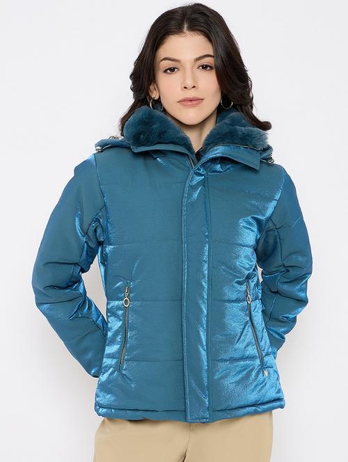 women solid fur detailed hooded puffer jacket - 21686058 - Very Small Image - 1