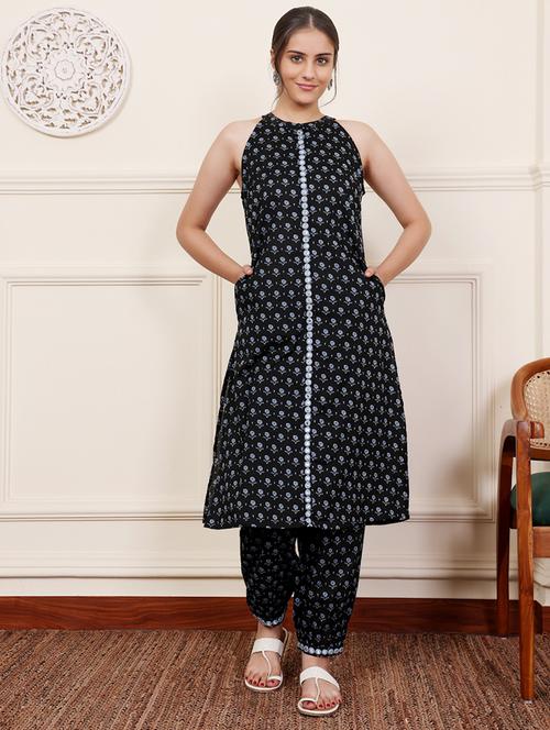 women navy blue sleeveless kurta pant set - 21686459 - Very Small Image - 1