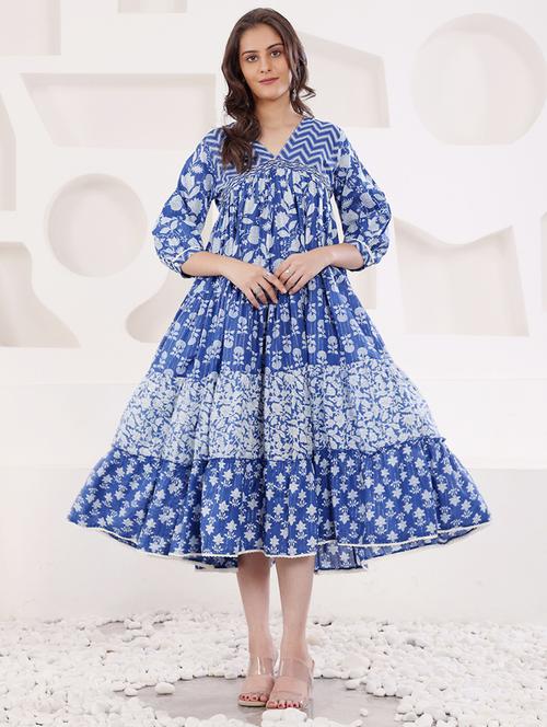 women blue three quarter sleeve tiered ethnic dress - 21686470 - Very Small Image - 1
