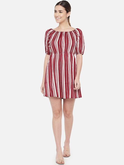women striped puff sleeves a-line dress - 21686995 - Very Small Image - 1