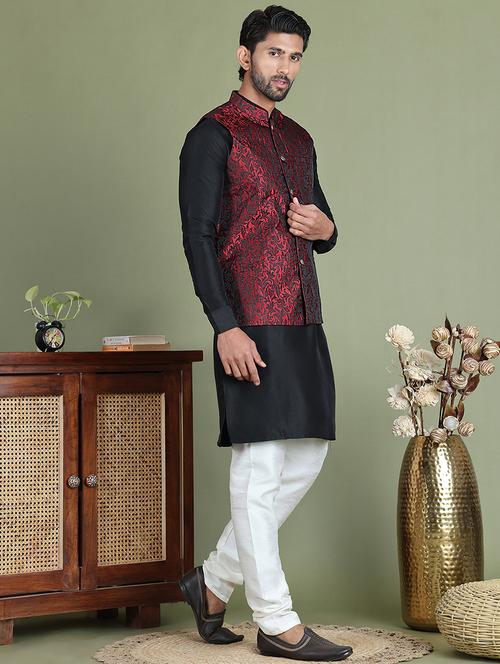 men self design kurta pyjama with jacket ethnic wear set - 21687075 - Very Small Image - 1