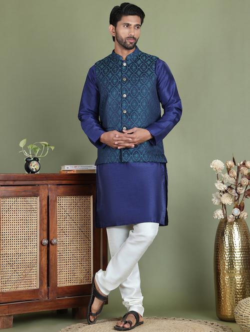 men self design kurta pyjama with jacket ethnic wear set - 21687080 - Very Small Image - 1