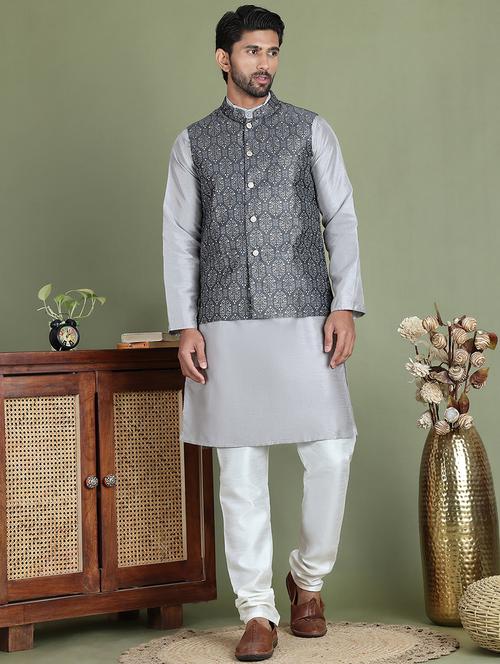 men printed kurta pyjama with jacket ethnic wear set - 21687083 - Very Small Image - 1
