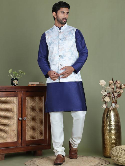 men printed kurta pyjama with jacket ethnic wear set - 21687085 - Very Small Image - 1