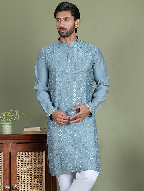 men embroidered mandarin neck long kurta - 21687710 - Very Small Image - 1