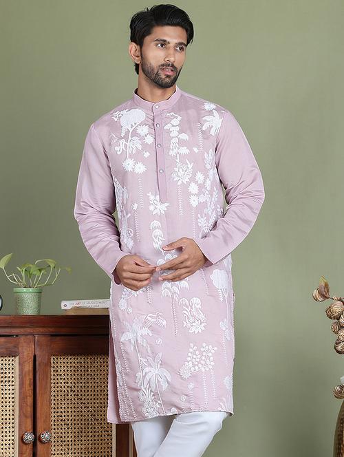 men embroidered mandarin neck long kurta - 21687714 - Very Small Image - 1