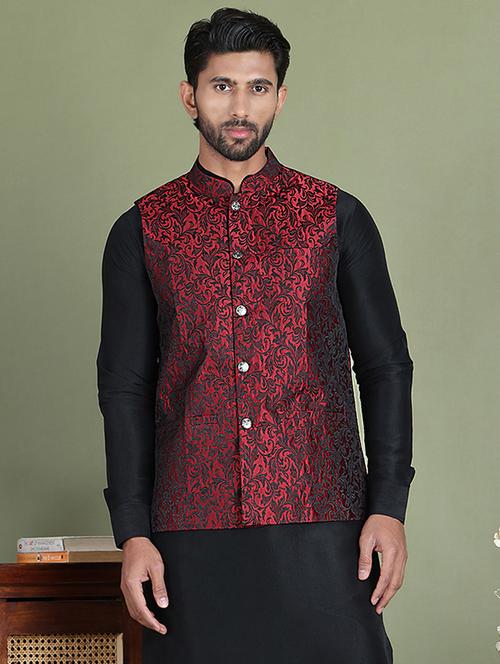 maroon silk blend nehru jacket - 21687892 - Very Small Image - 1