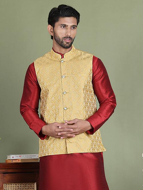 Gold Silk Blend Nehru Jacket - 21687893 - Very Small Image - 1