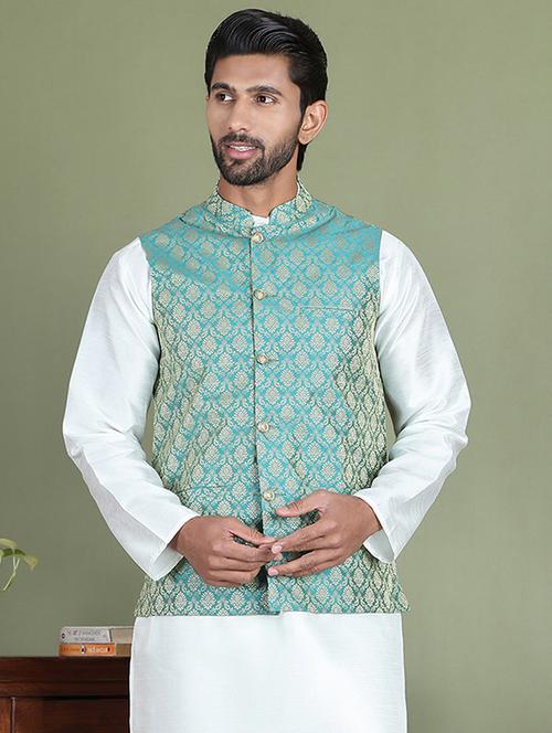 Green Silk Blend Nehru Jacket - 21687894 - Very Small Image - 1